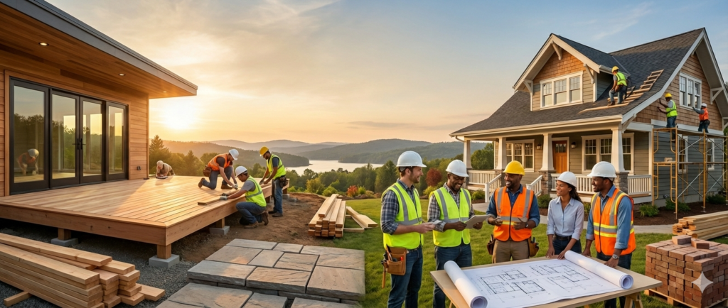 Construction workers collaborating on projects.